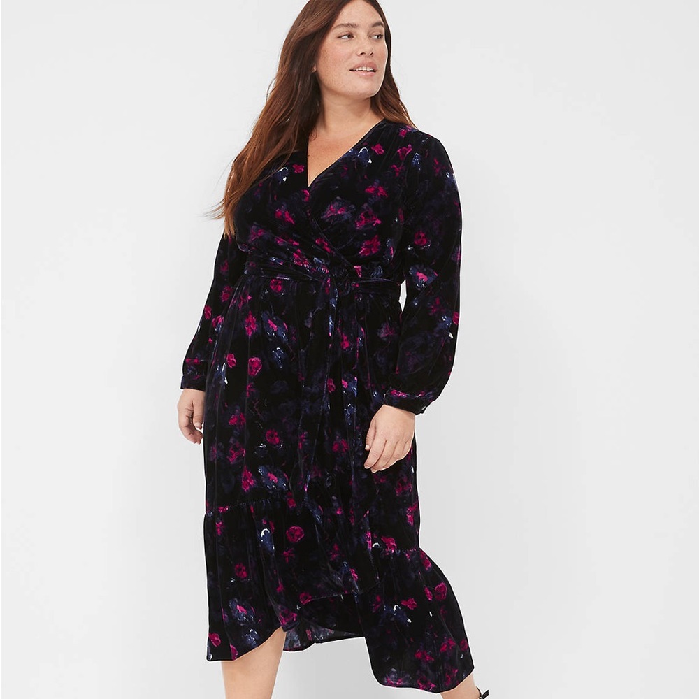 Lane Bryant Blue Tiered Wrap Velvet Midi Dress